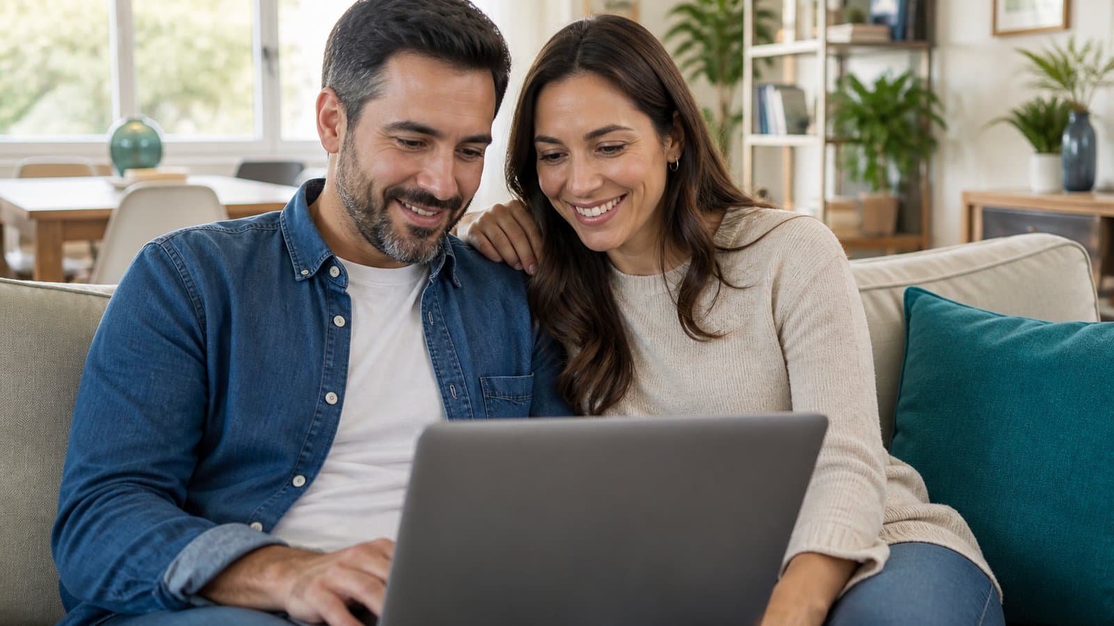 Pareja revisando opciones de plan de Isapre en un computador